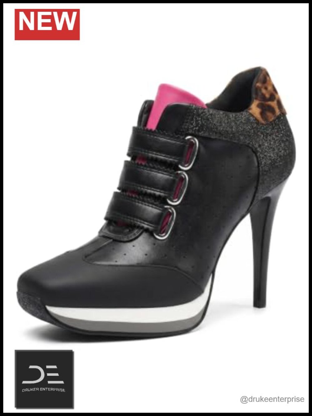 Square Toe Stiletto High Heel Ankle Sneakers Faux Leather Hook Loop